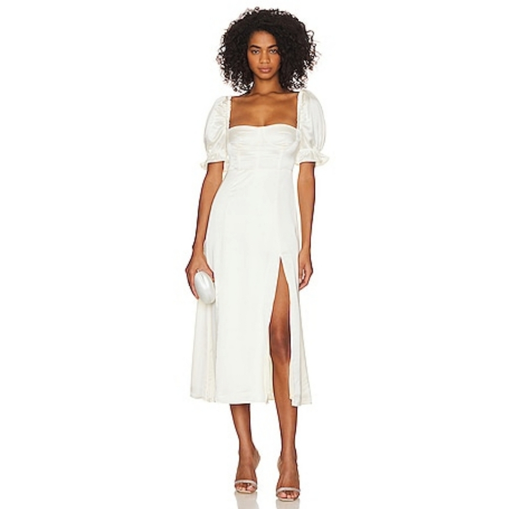 WeWoreWhat White Midi Dress with Puff Sleeves and Side Slit